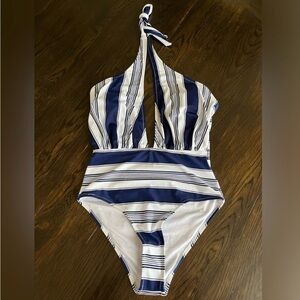 NWT Cupshe One Piece Plunge Swimsuit Navy Blue and White Stripe Women’s Medium